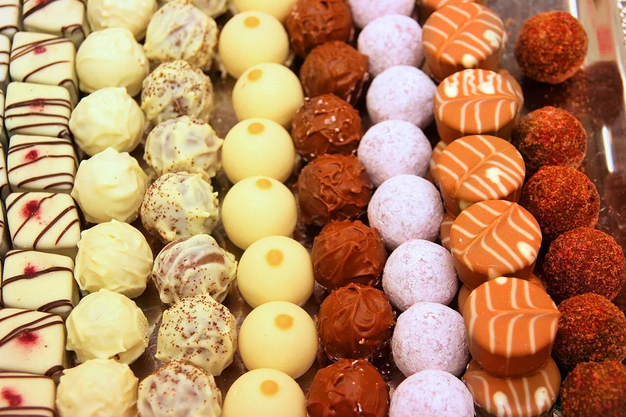 Austrian chocolates: praline assortment at a confectionery store in Vienna Old Town, Austria.